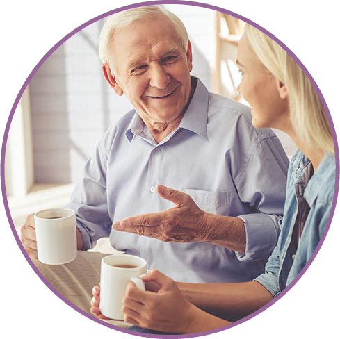 a happy old man with a cup of coffee